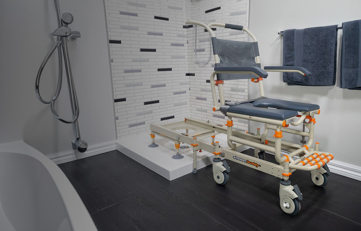 Promotional image of a Showerbuddy transfer system, designed for a smooth transition into and out of the shower without the need for manual lifting.