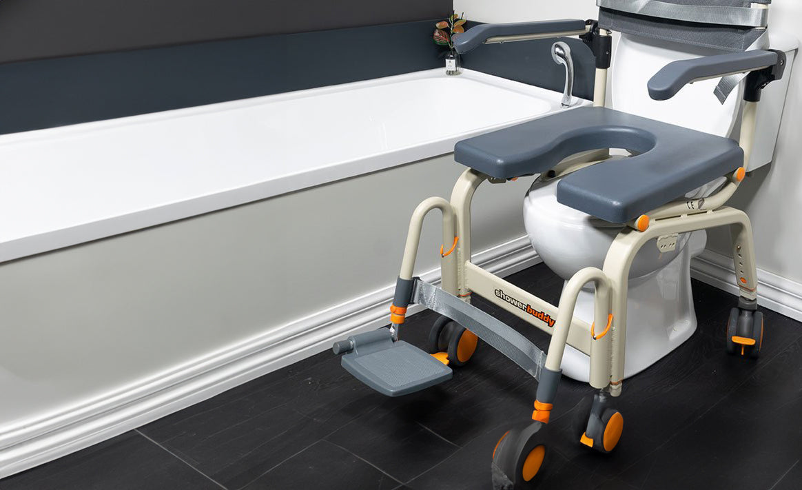 Close-up of a Showerbuddy chair showcasing its features, with a headline promoting an in-depth look at Showerbuddy's bathroom mobility solutions.