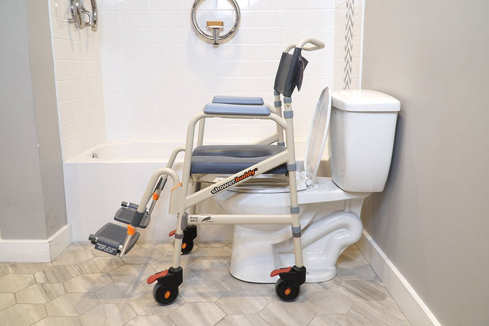 Image of the MODEL SB7e "Eco Traveller" Showerbuddy, a compact and portable shower chair solution with high comfort and adjustability, designed for travel.