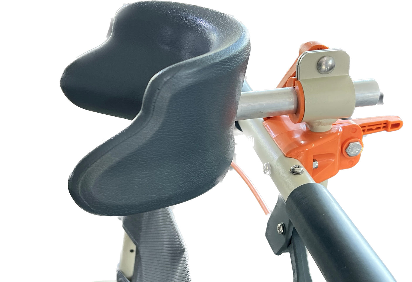 Close-up of a mobility aid chair headrest in navy blue with ergonomic contouring, mounted on a beige and orange frame with a silver adjustment lever, emphasizing comfort and support for the user's head and neck.