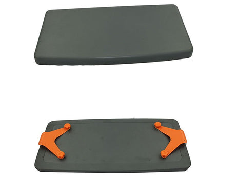 Top and bottom view of a mobility aid seat cushion in dark gray, featuring a flat, smooth surface on top and secured by two vibrant orange brackets underneath for stability and user comfort.