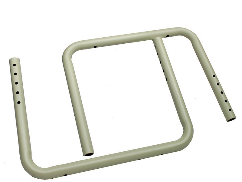 U-shaped tubular metal frame with multiple adjustment holes, commonly used as a supportive structure for medical or mobility equipment.