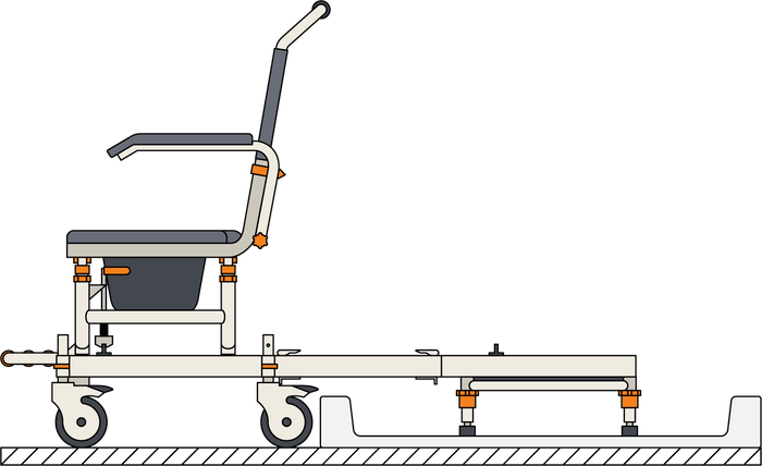 Illustration of a versatile Showerbuddy system with a transfer bench, demonstrating its multifunctional use for toilet access, portable commode use, bathing, and safe transfer into the bathroom.