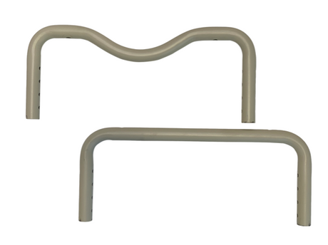 Two curved metal tubes with holes for adjustability, designed as components for an adjustable medical equipment frame.