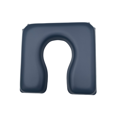 Contoured cushion in navy blue with a central cutout, designed for comfort and support, displayed on a white background.