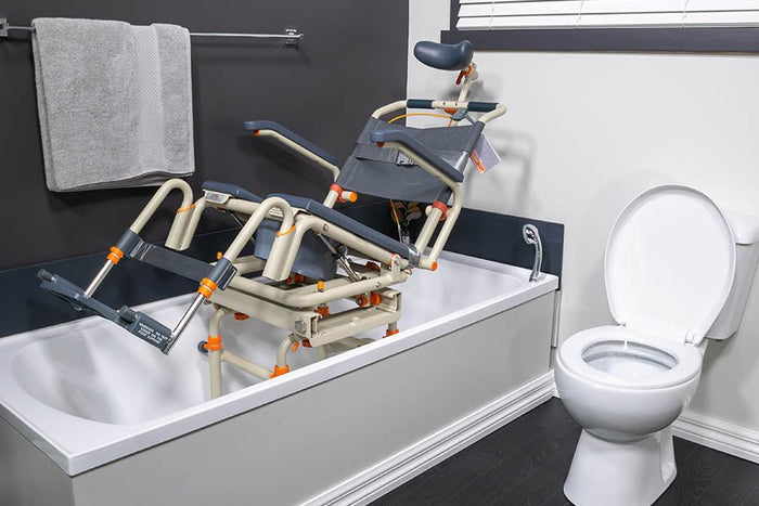 TubBuddy transfer system with safety features and swivel seat, demonstrating an accessible solution for overcoming the high edges of bathtubs for mobility-impaired individuals.
