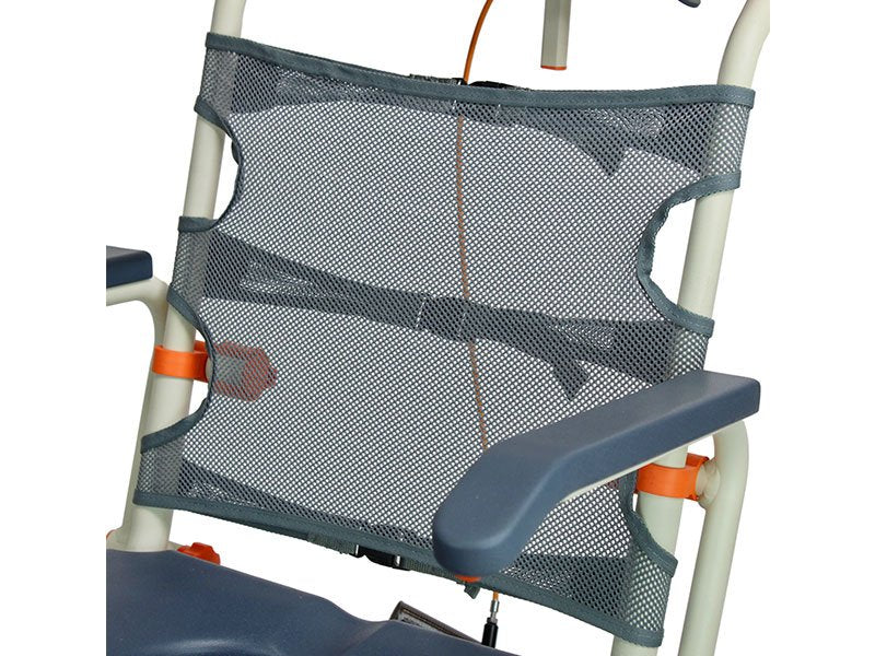 Close-up of a shower chair backrest, featuring a grey mesh with straps and an armrest.