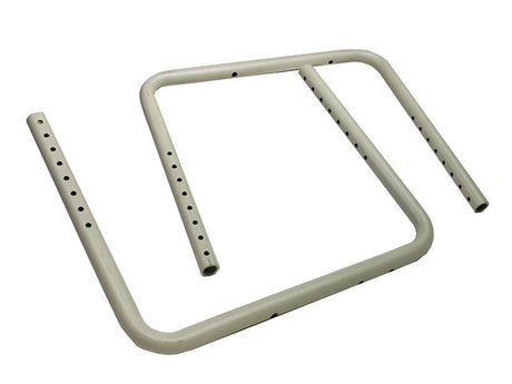 Beige metal frame with multiple holes for adjustable fittings, likely part of a shower chair assembly.
