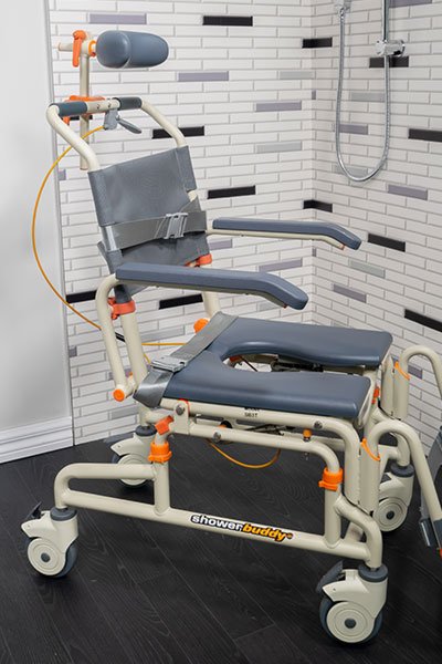 Photo of a Showerbuddy mobility chair showcasing its durable frame and robust construction, designed for long-lasting use in a bathroom setting.
